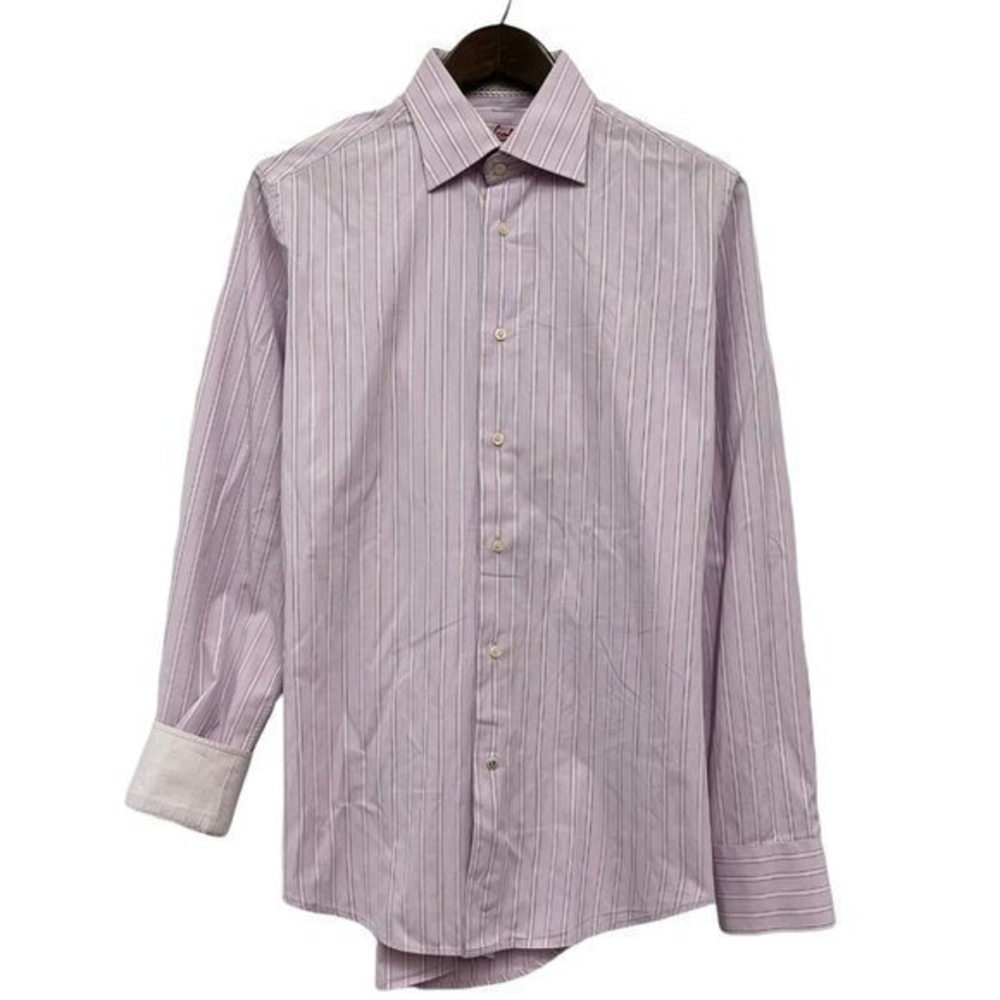Robert Graham Men's Button Front Shirt Striped Lilac Purple Flip Cuff Sz 15.5/39